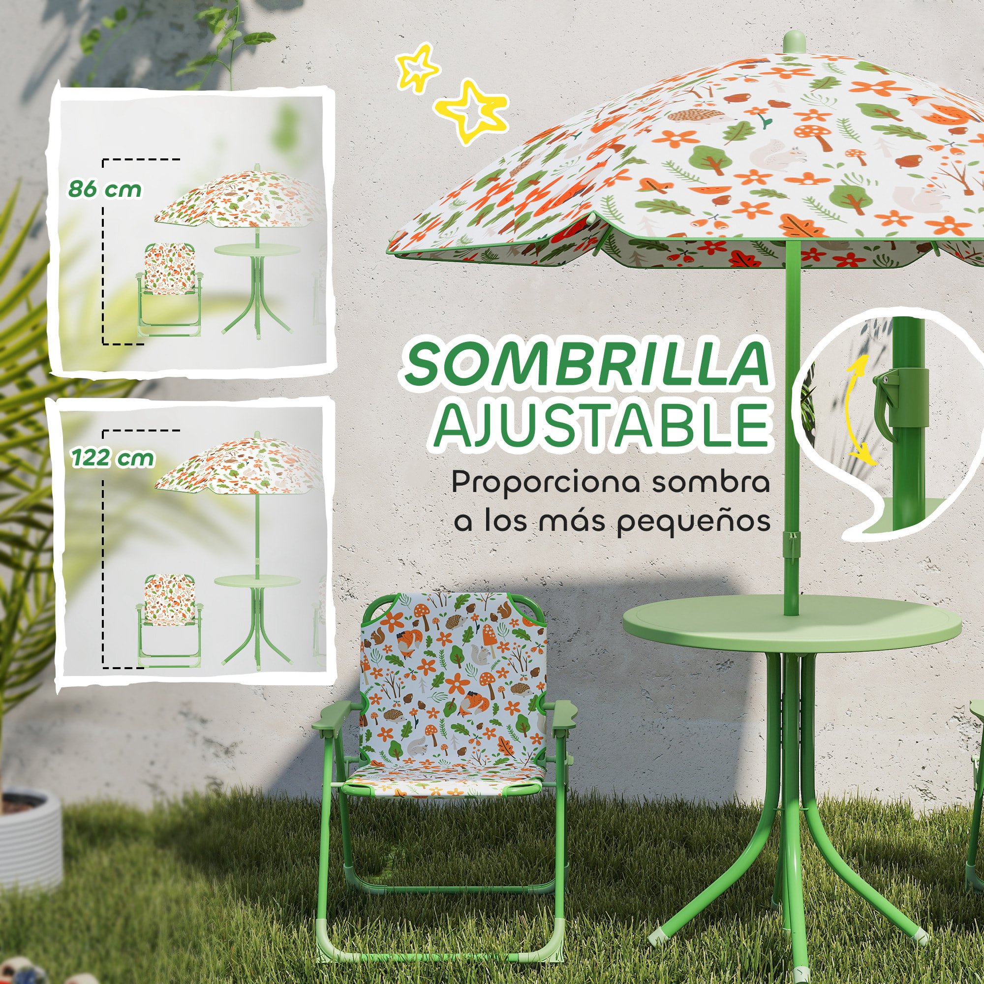 Conjunto de Mesa y Sillas Infantil de Jardín de 4 Piezas Mesa Infantil con Sillas Plegables Sombrilla Ajustable Diseño de Zorro para Patio Pícnic Verde