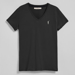 Camiseta negra de cuello de pico y manga corta con bordado Rigby Go