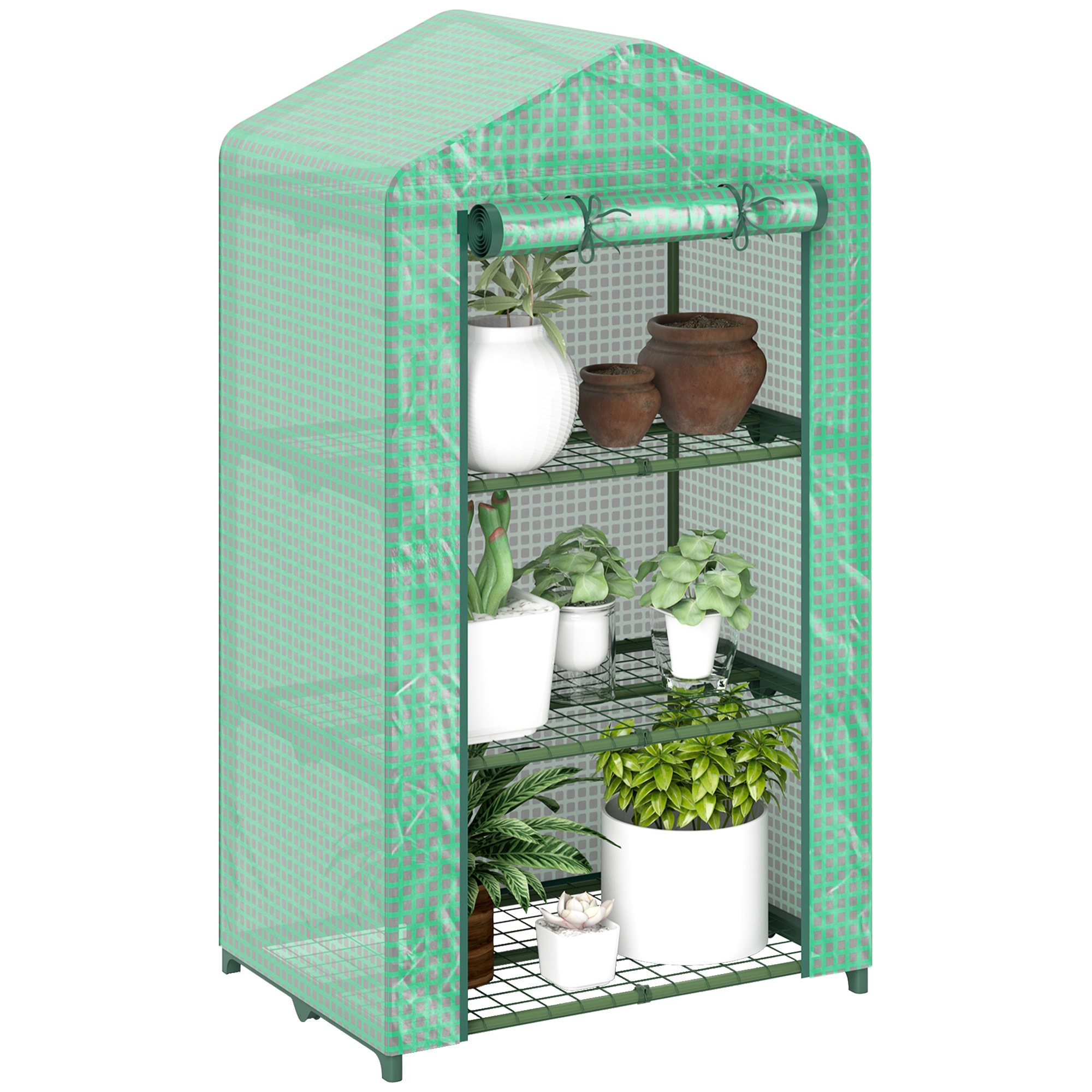 Invernadero de Jardín de 3 Niveles, Invernadero de Exterior con 3 Estantes, Puerta Enrollable, Marco de Metal, Cubierta de PE, Anti-UV, Impermeable, para Terraza, Patio, 69x49x125 cm, Verde