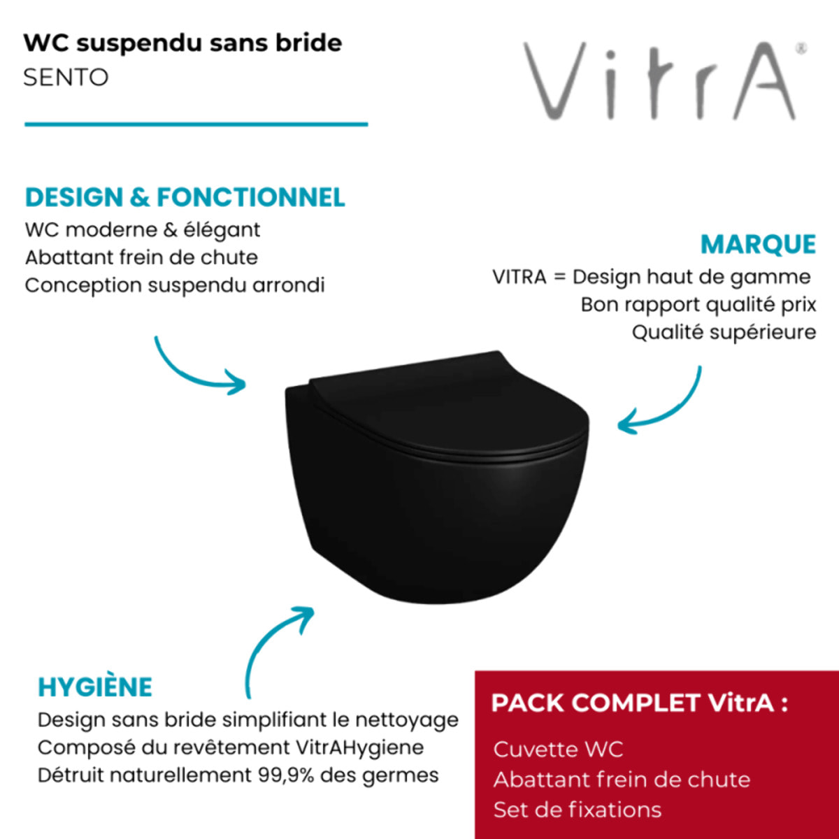 Cuvette suspendue sans bride Sento noir mat + abattant frein de chute déclipsable