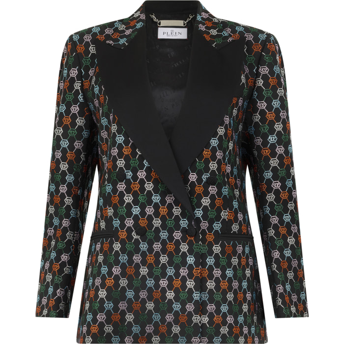 PHILIPP PLEIN Double Breasted Marine Fit Blazer Monogram Strass