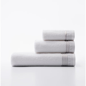 Set 6 toallas baño (2x tocador 30x50cm + 2x manos 50x90cm + 2x baño 70x140cm) 450gsm en algodón blanco con gris scalpers home