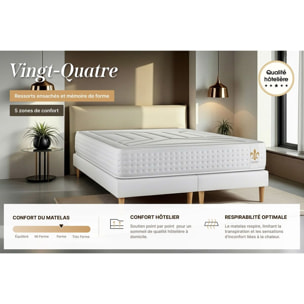Ensemble Matelas Vingt-Quatre - 24cm - Ressorts ensachés et mémoire de forme - Soutien sur mesure - Sommier kit Blanc