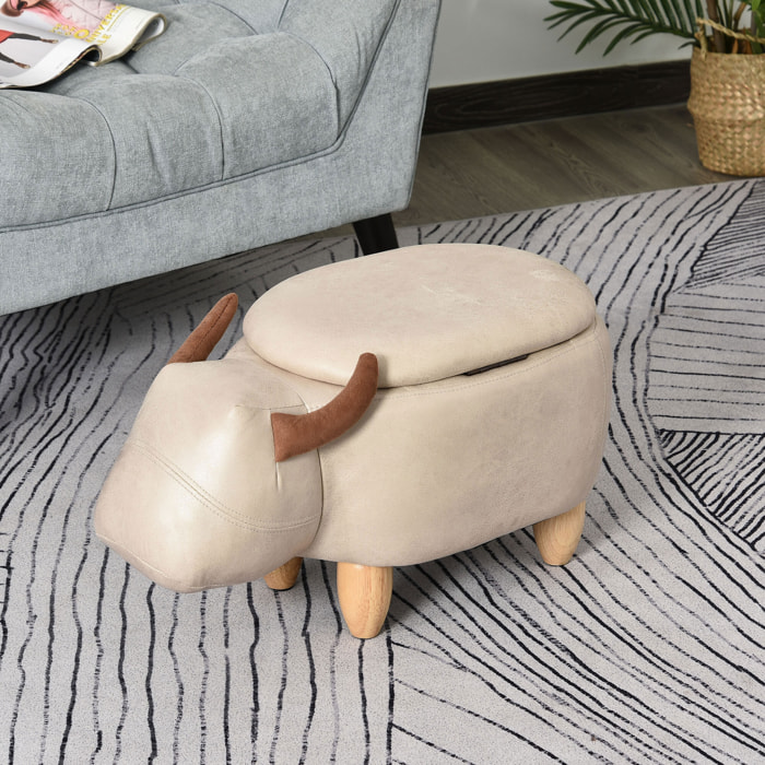 Tabouret vache - pouf vachette - pouf taureau coffre de rangement 2 en 1 - pieds bois d'hévéa revêtement synthétique crème