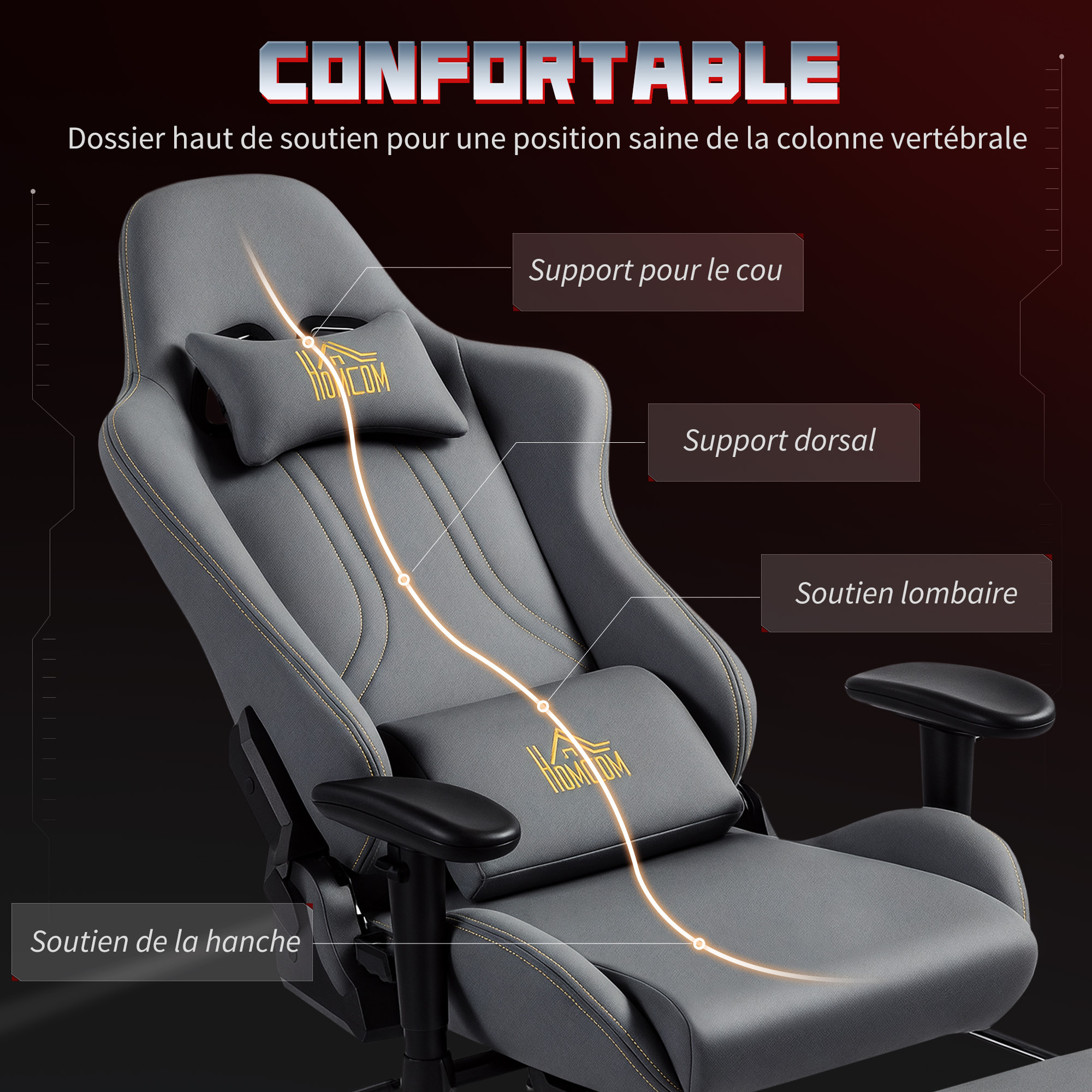 Chaise de bureau gaming ergonomique - chaise gaming réglable inclinable - fauteuil gamer avec coussins - tissu suédine gris