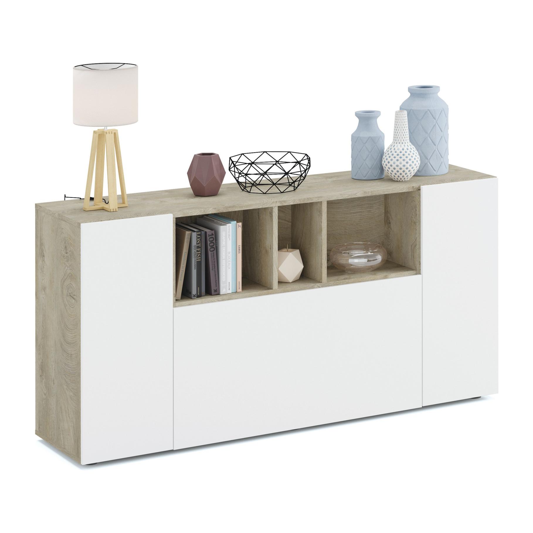 Credenza Paterson, Madia moderna a 3 ante, Buffet da soggiorno con scomparti, Madia da salotto, Mobile Porta TV, cm 150x41h76, Bianco e Rovere