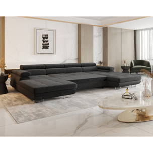 Ayden - Canapé panoramique en U 7 places convertible avec coffre et têtières réglables en tissu - Gris