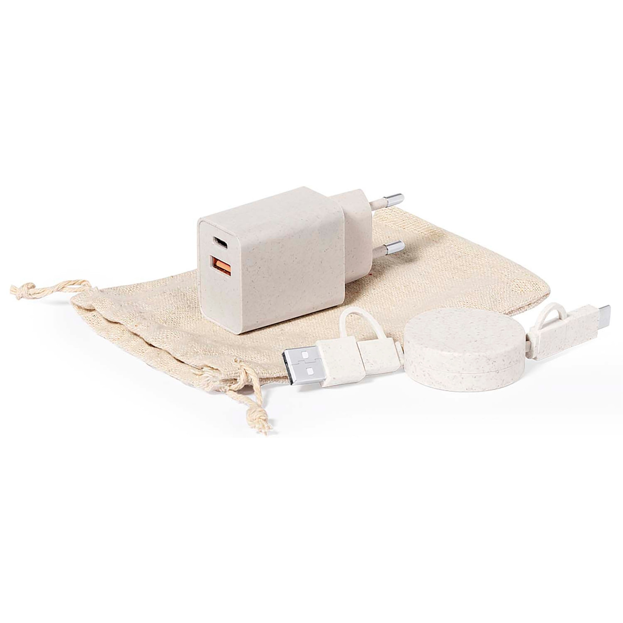 Set Caricabatterie Cavo di ricarica dati in fibra di grano, cavo estensibile, connessione Micro USB, tipo C e Lightning 9V DC 2.1A. Copertina in cotone