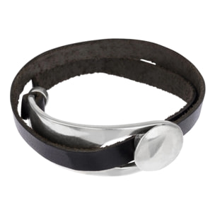 Pulsera cuero negro plata GD doble vuelta