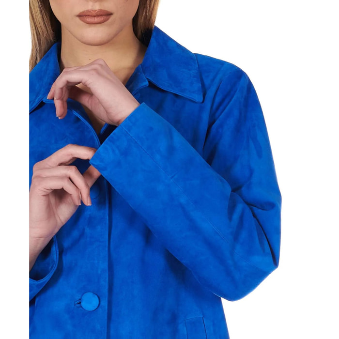 Giacca in pelle camoscio bluette monopetto versione oversize