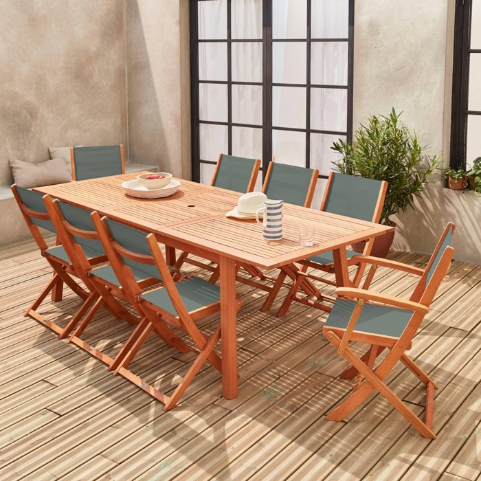 Salon de jardin en bois extensible - Almeria - Grande table 180/240cm avec rallonge. 2 fauteuils et 6 chaises. en bois d'Eucalyptus huilé et textilène savane