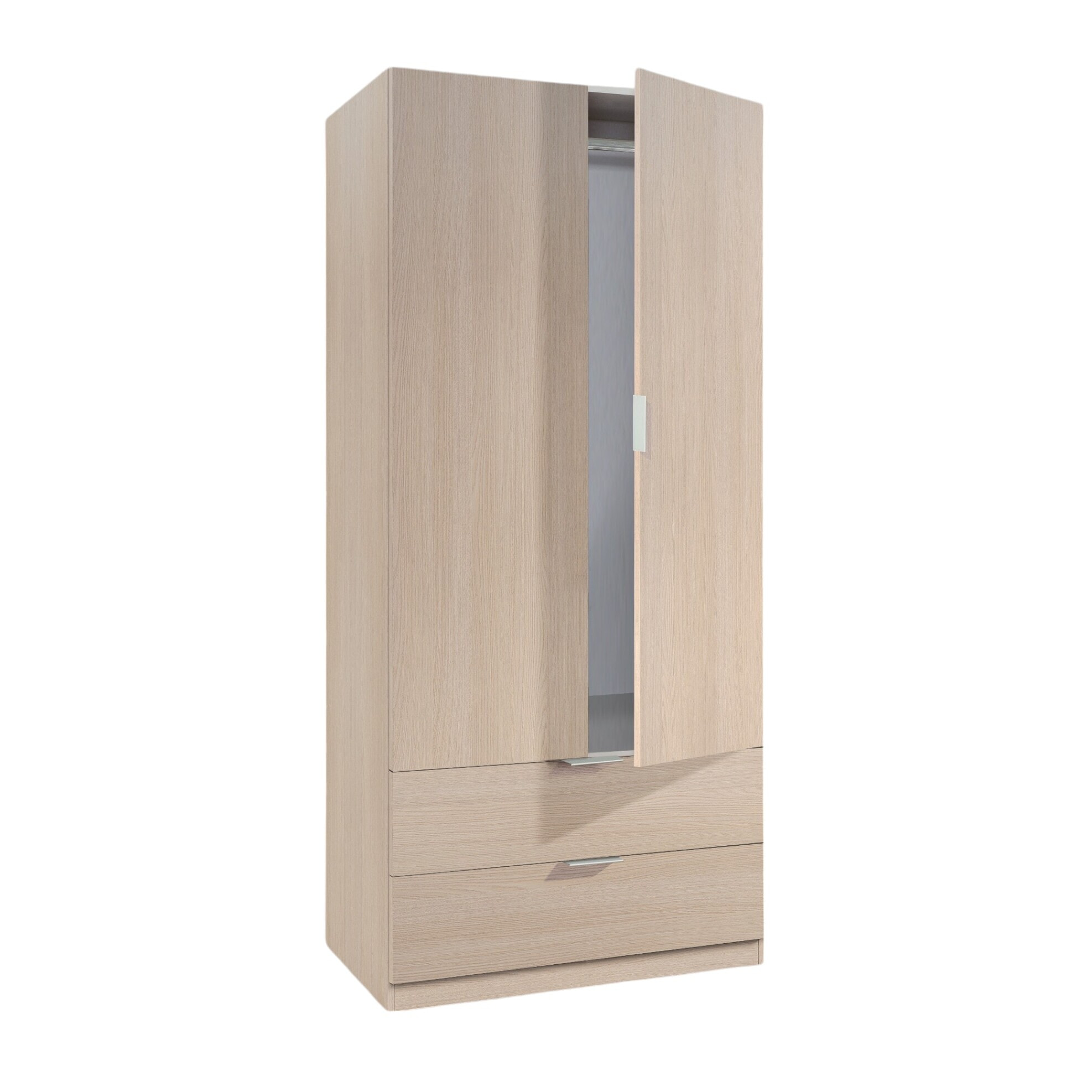 Guardaroba 2 ante Appadu, Armadio per camera da letto 2 cassetti, Mobile con barra appendiabiti, 81x52h180 cm, Quercia