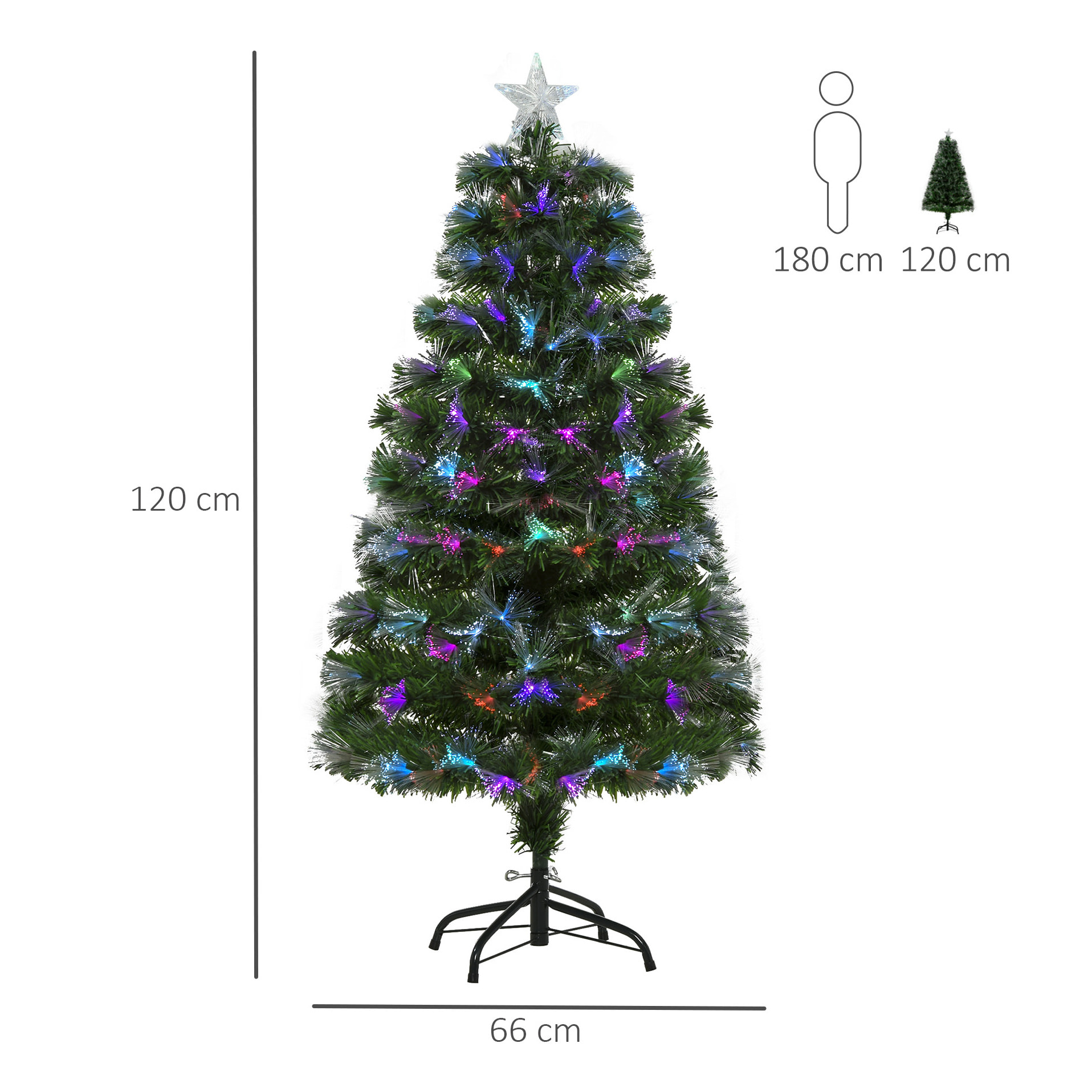 Sapin de Noël artificiel lumineux fibre optique LED multicolore + support pied Ø 66 x 120H cm 130 branches étoile sommet brillante vert