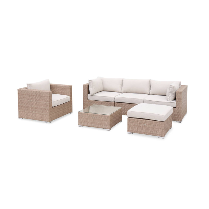 Salon de jardin en résine tressée - Caligari - Beige. Coussins beige - 5 places - 1 fauteuil. 1 fauteuil sans accoudoir. 1 pouf. 2 fauteuils d'angle. une table basse