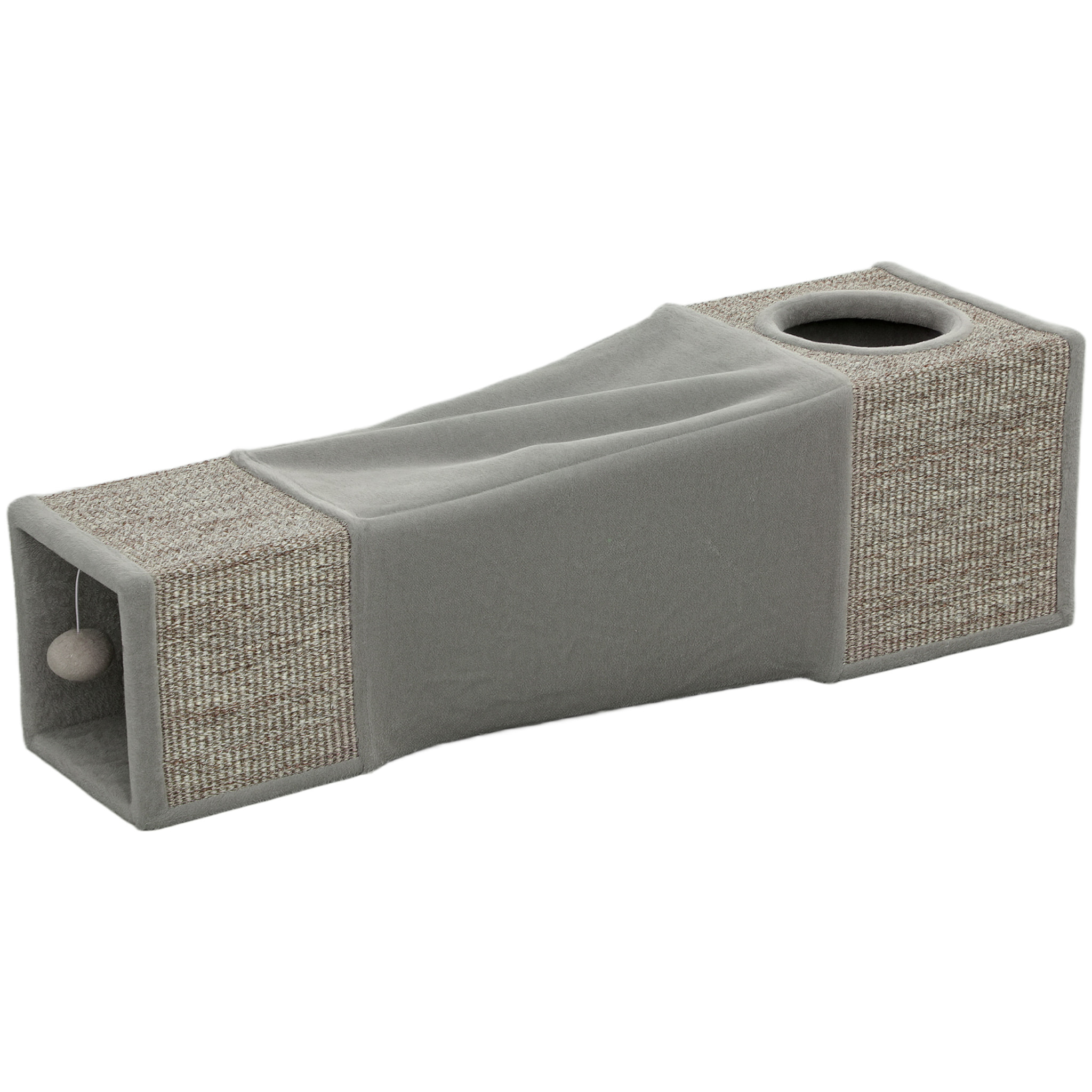 Tunnel grattoir niche modulable pour chat 3 en 1 - jeu balle suspendue - 4 entrées - peluche sisal gris