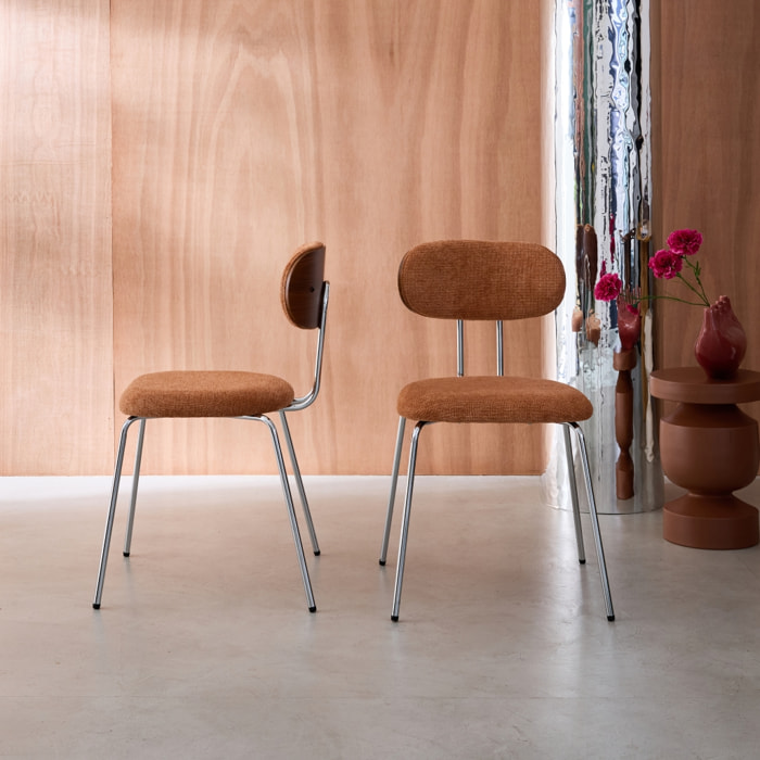 Chaise décor bois courbé teinté noyer et tissu déperlant pieds métal chromé (lot de 2) ERIN