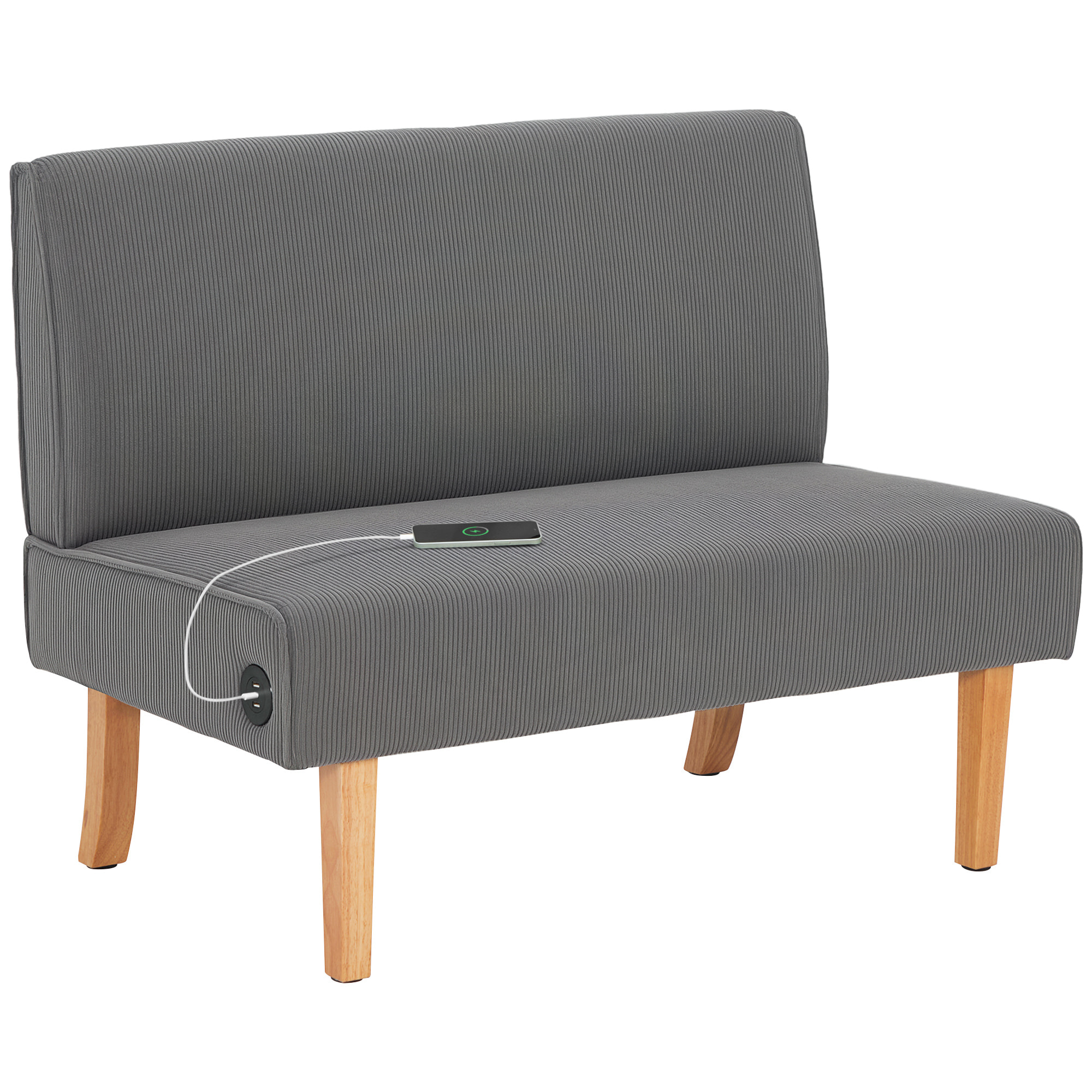 Sofá de 2 Plazas Tapizado en Pana Sofá de Salón sin Brazos con 2 Puertos USB 1 Puerto Tipo-C y Patas de Madera Sofá Pequeño Carga 220 kg 110x60x85 cm Gris