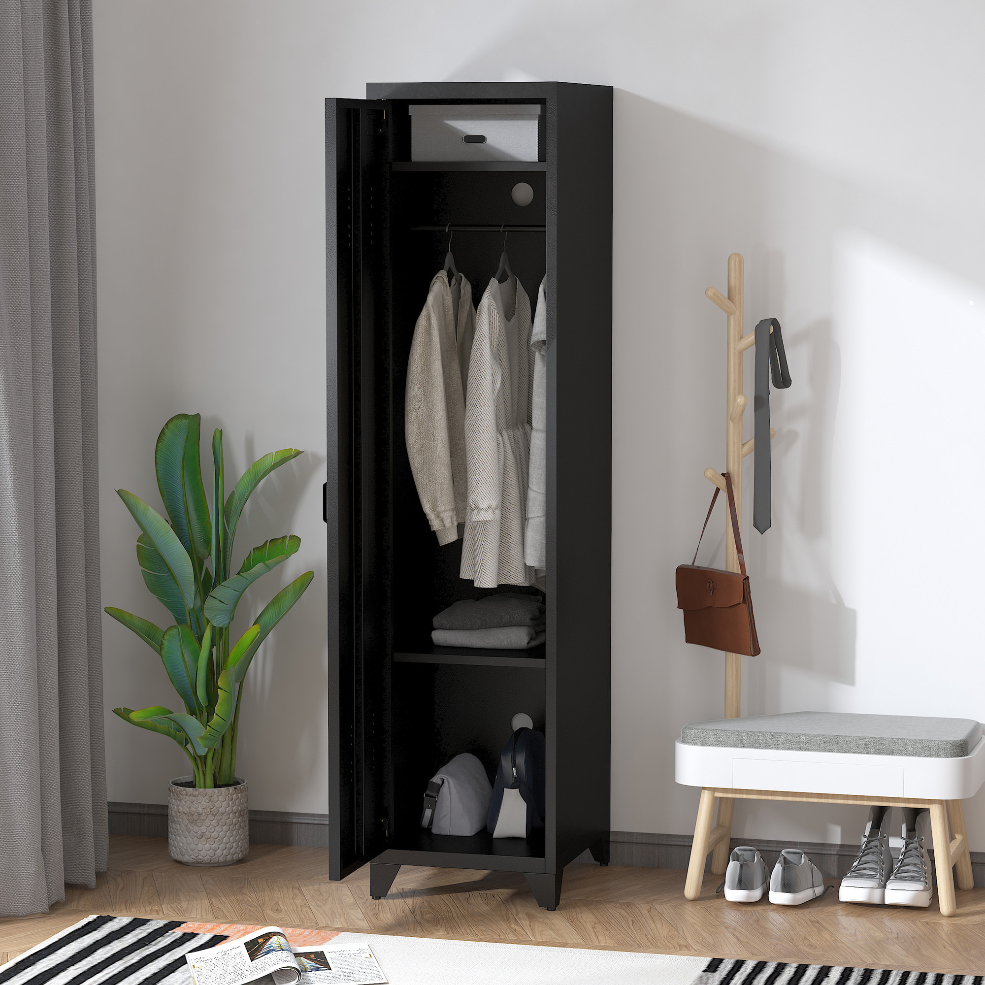 Armoire vestiaire métal design industriel - barre penderie, 3 étagères - dim. 43L x 50l x 180H cm - métal noir