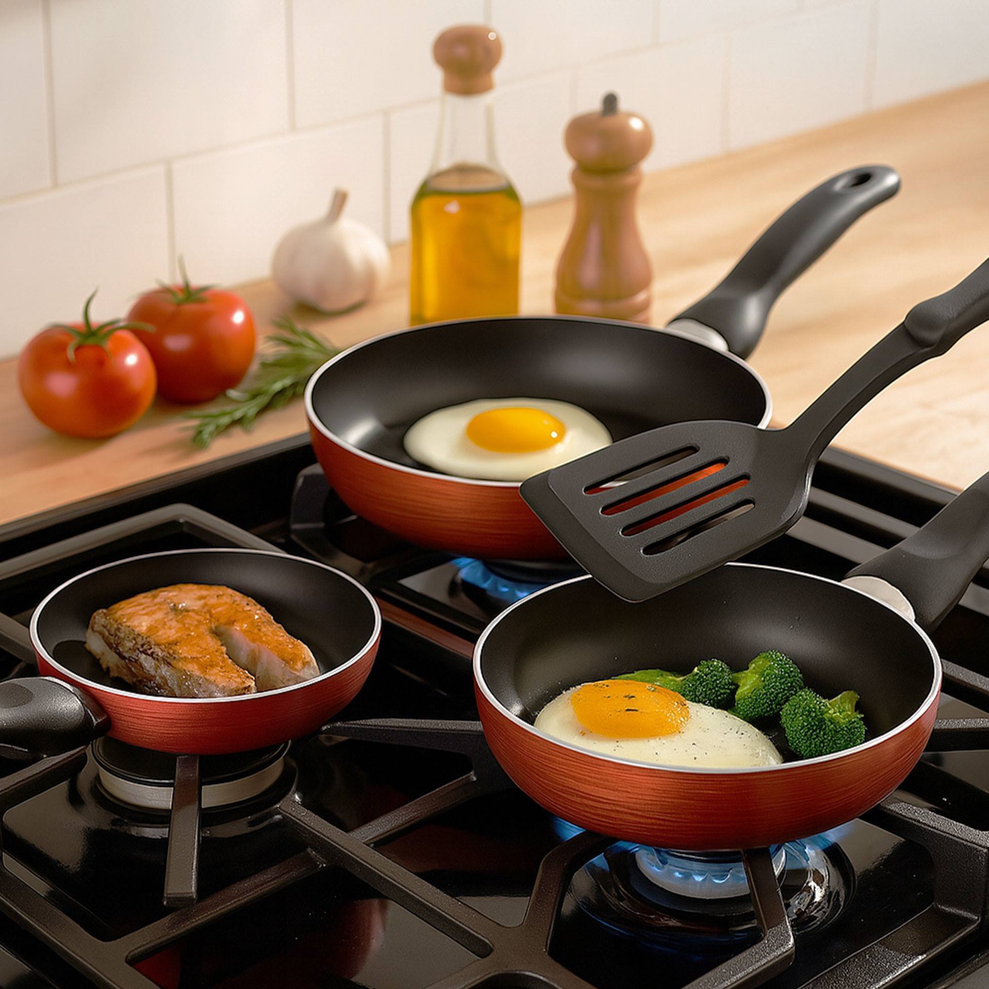 set de batería de cocina de 7pc en acero inoxidable + 3 sartenes ø16ø20ø24cm cobre metalizado en aluminio prensado