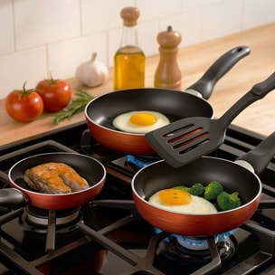 set de batería de cocina de 7pc en acero inoxidable + 3 sartenes ø16ø20ø24cm cobre metalizado en aluminio prensado