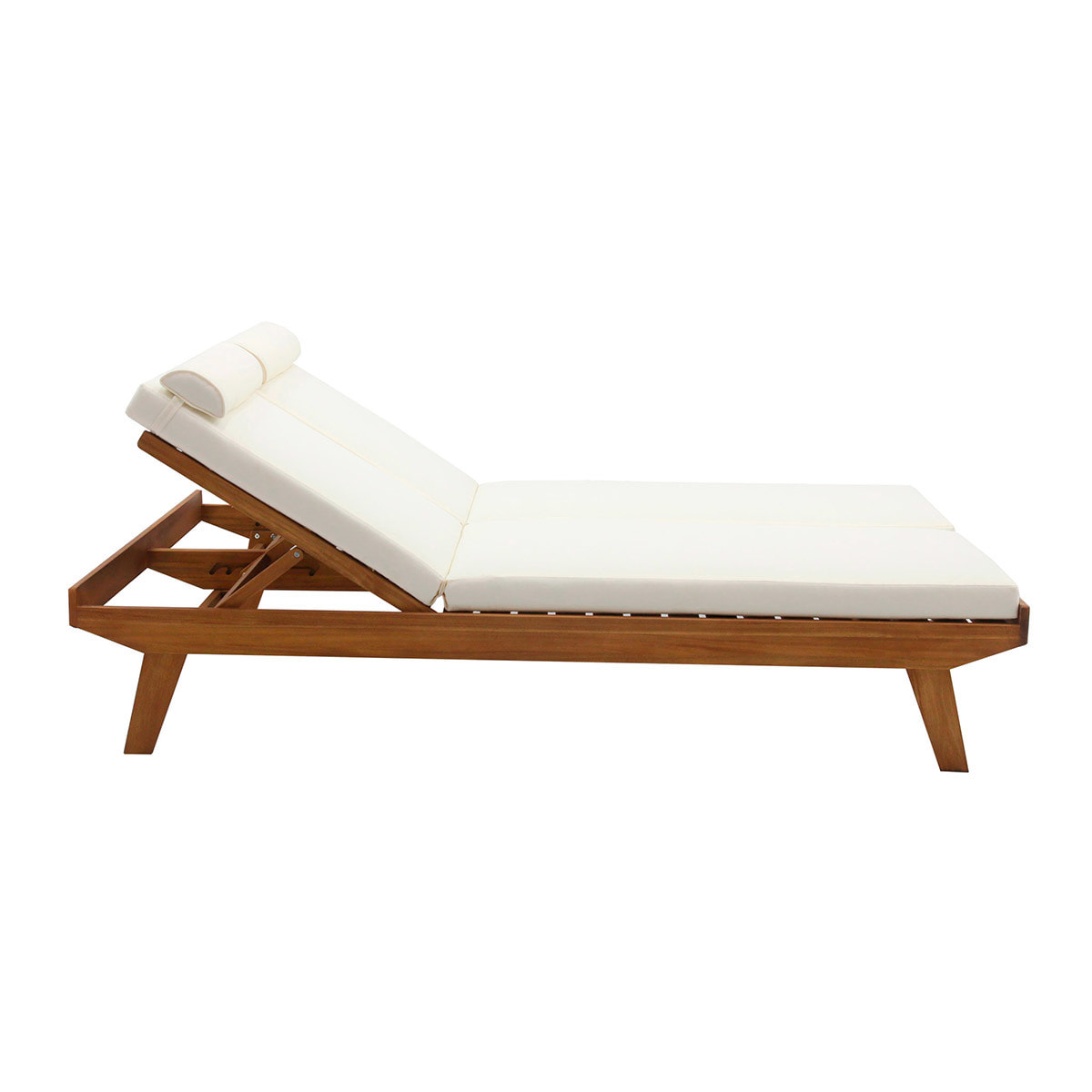 Bain de soleil double avec dossiers multipositions beige et bois massif L127 cm CARACAS