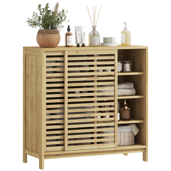 Armario de Baño de Bambú Mueble de Baño con 2 Puertas Correderas Diseño con Lamas 4 Estantes Mueble Auxiliar de Almacenaje para Cocina Salón 80x34x80 cm Natural
