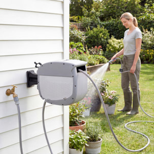 Enrollador de Manguera para Jardín 20+1,9 m con Boquilla de 2 Modos, Carrete de Manguera de Jardín de Pared con Bloqueo Automático y Retracción Controlada, Soporte Orientable 180°, Gris