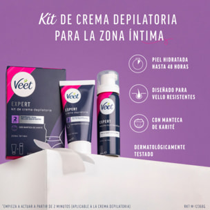 Veet Expert Kit de Depilación para Zonas Íntimas del Cuerpo, Crema Depilatoria Mujer 50 ml y Espuma Multi-Beneficios 50 ml