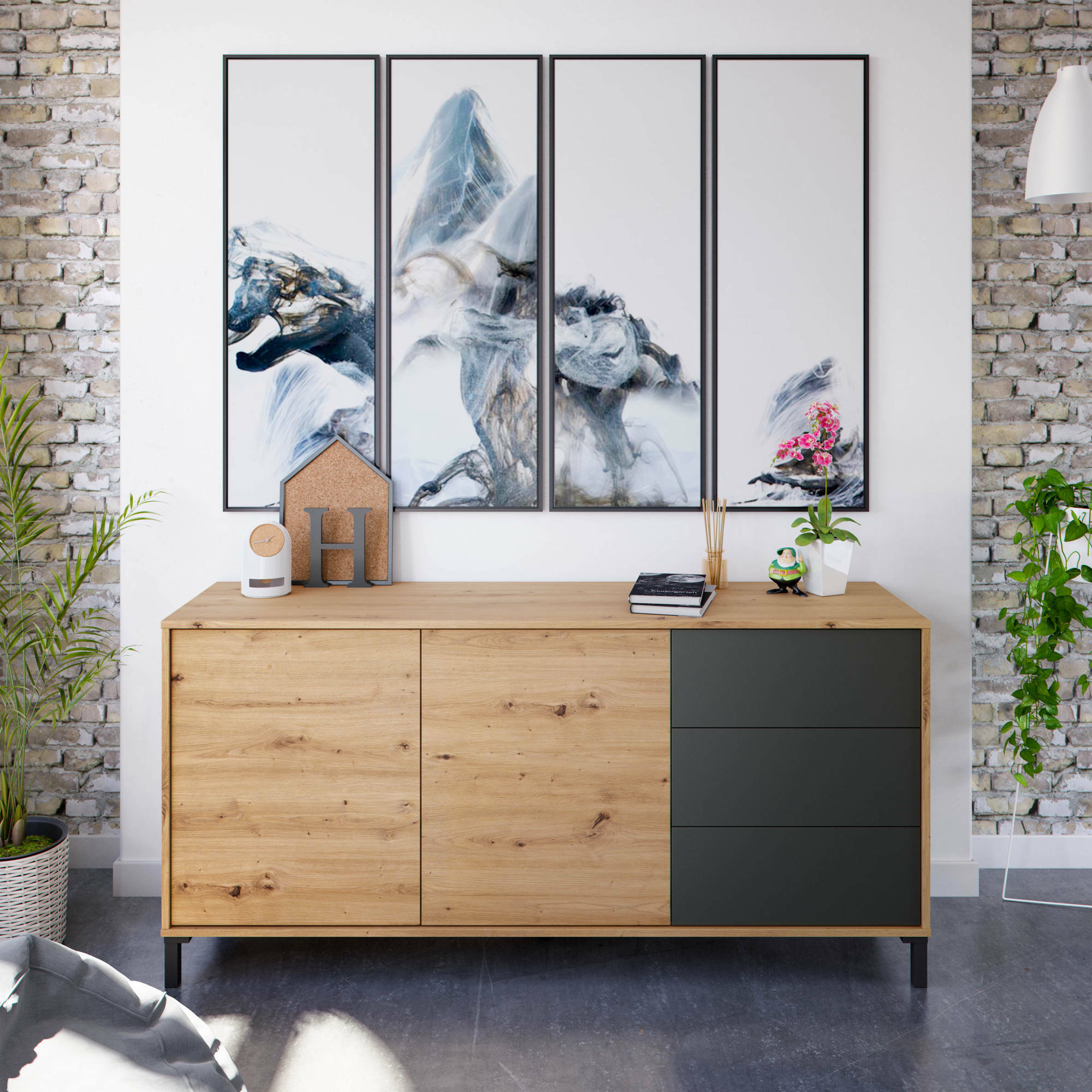 Credenza Concord, Madia moderna a 2 ante e 3 cassetti, Buffet da soggiorno, Mobile porta TV, Madia per salotto, cm 154x41h74, Rovere nodi e Antracite