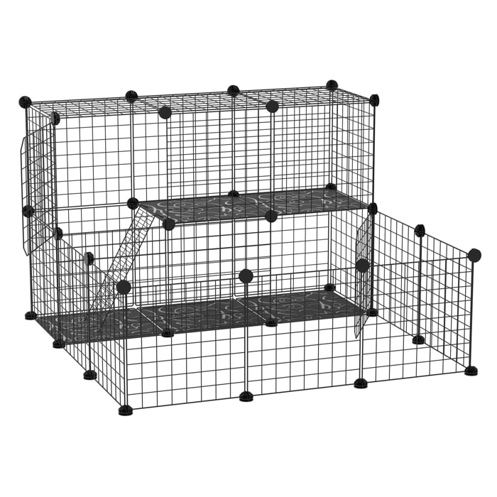 Cage parc enclos rongeurs modulable dim. L 105 x l 105 x H 70 cm 2 niveaux 2 portes rampe résine PP fil métallique noir
