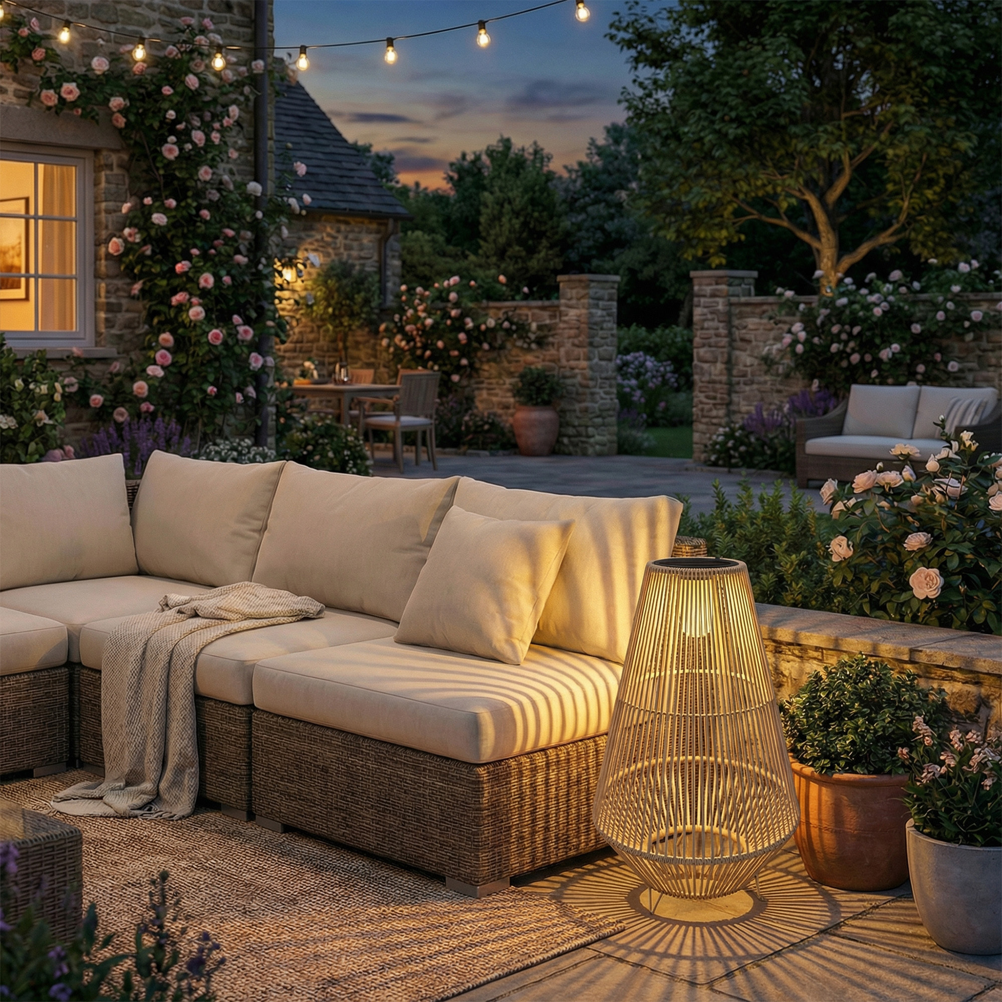 Lanterne solaire sans fil rechargeable résine tressée jaune