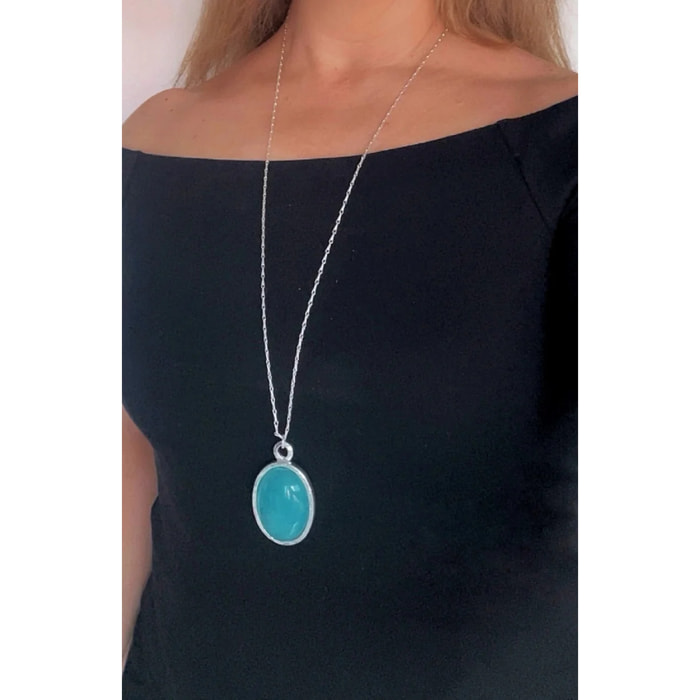 Collar largo Blue Lagoon plata 10µ y cristal oval .