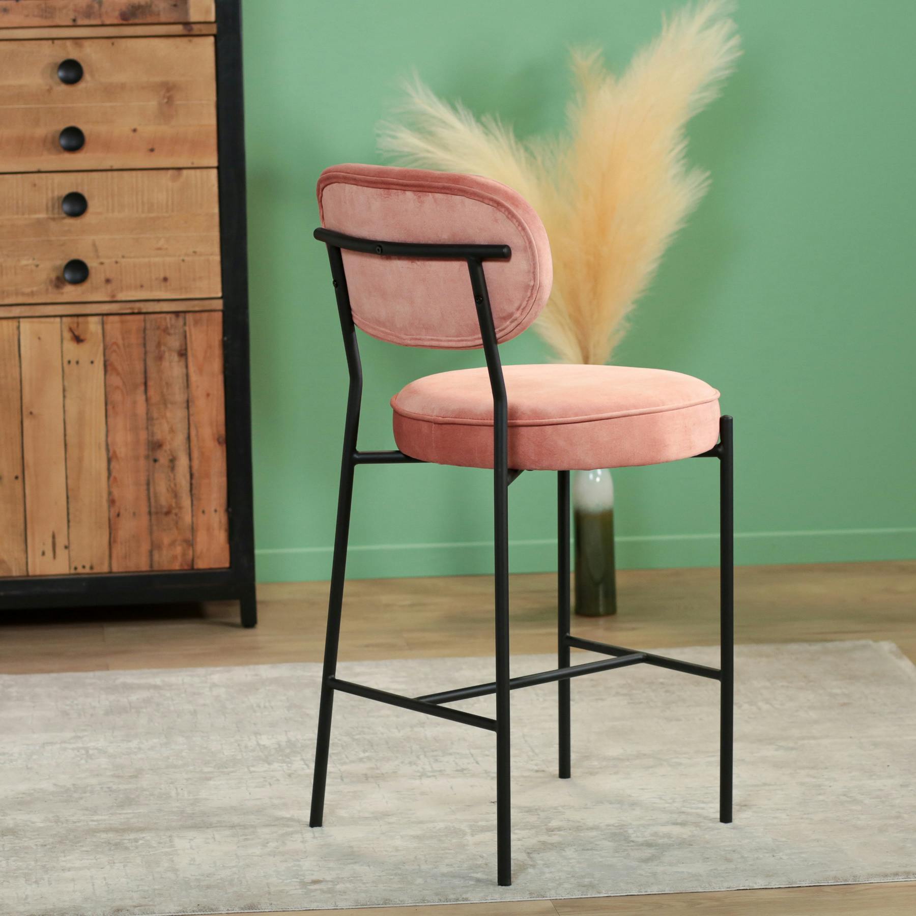 Tabouret de bar design en velours rose pâle FLORENCE (lot 2)