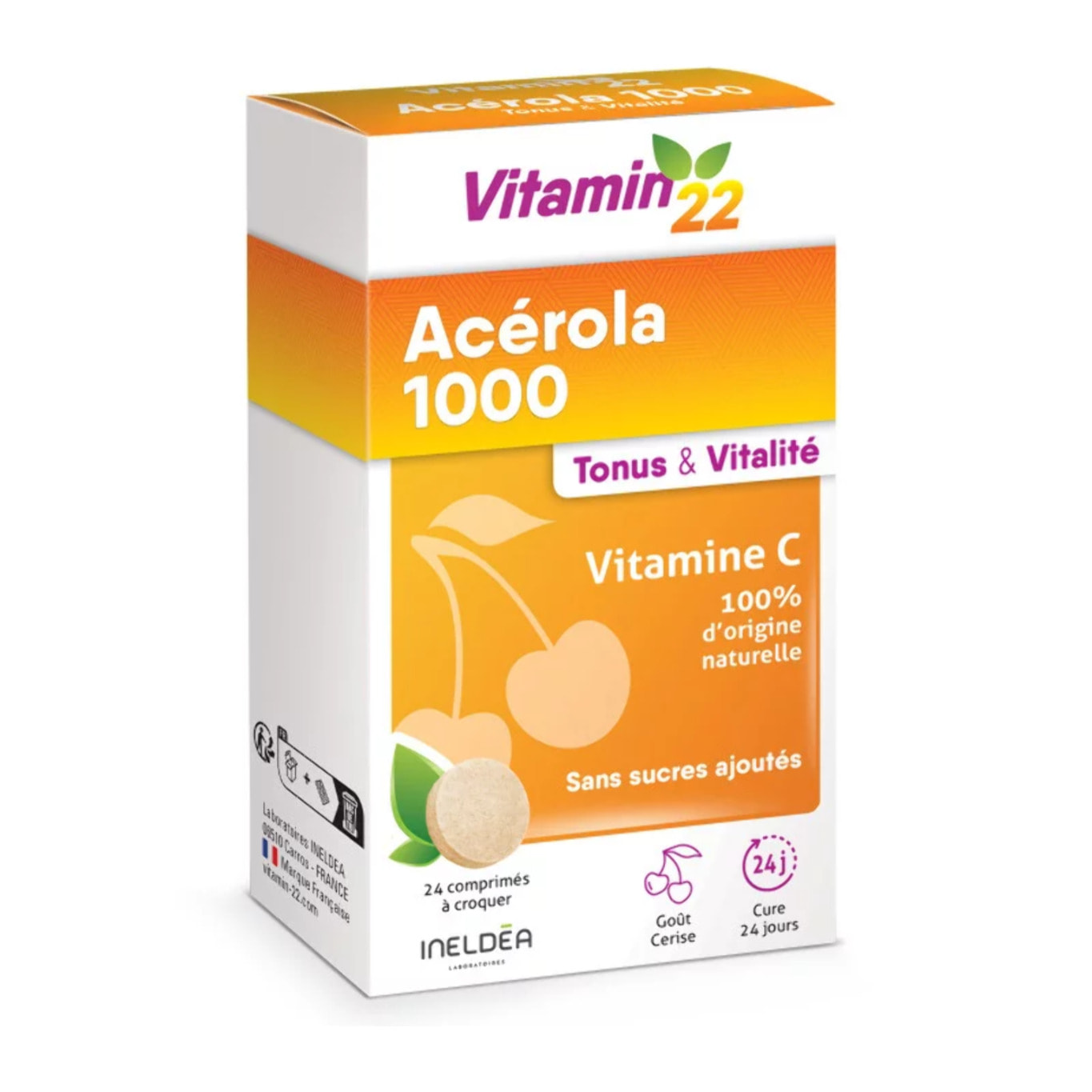 VITAMIN'22 - Acerola 1000 - Complément alimentaire à base d'Acérola- Vitamine C 100% d'origine naturelle - Sans sucre - Sans gluten - Goût Cerise - Cure de 24 j