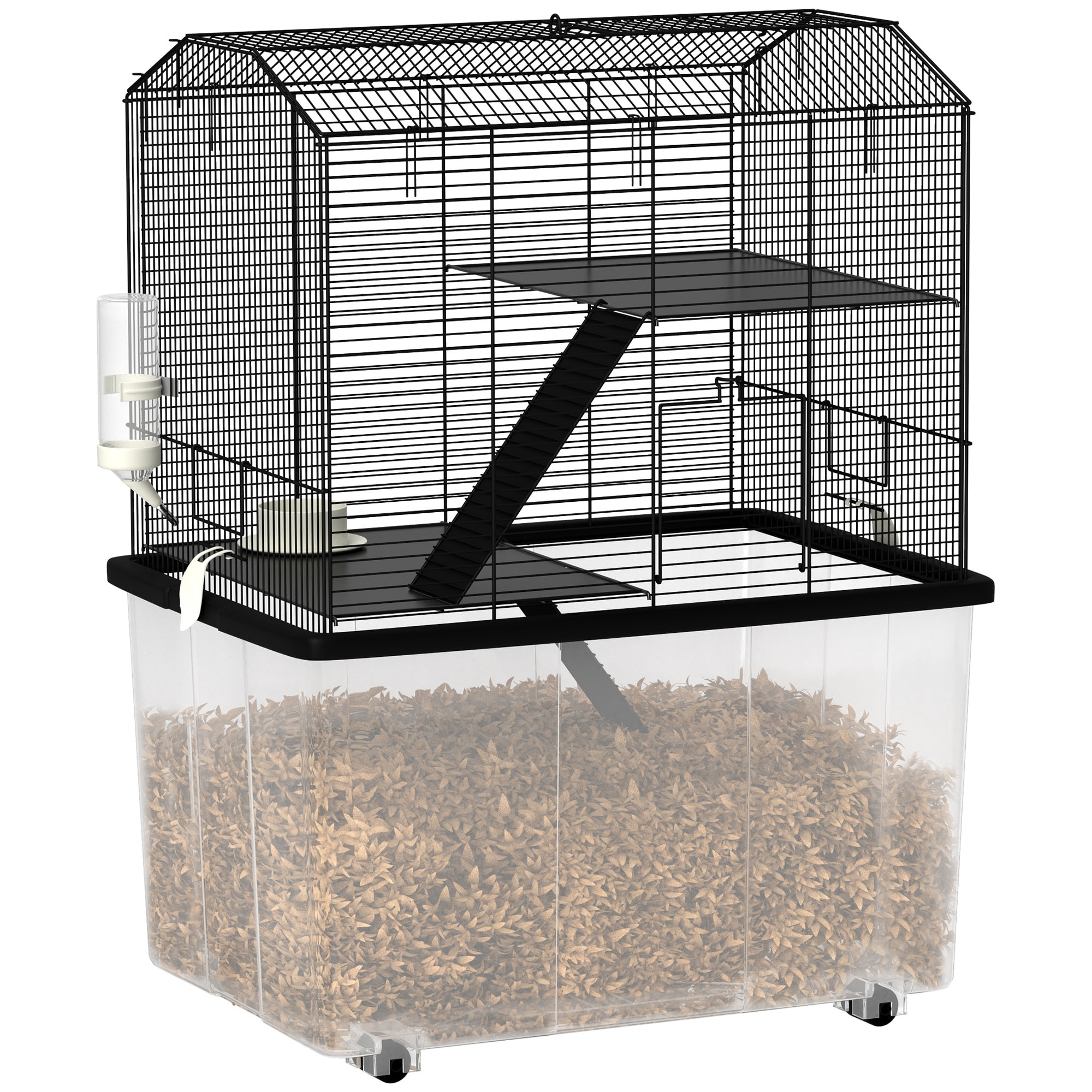 Cage rongeur hamster 3 étages - roulettes, plateforme, échelle, accessoires - PP transparent acier noir