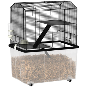 Cage rongeur hamster 3 étages - roulettes, plateforme, échelle, accessoires - PP transparent acier noir