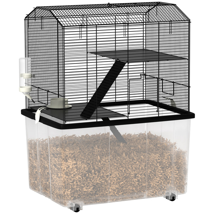 Cage rongeur hamster 3 étages - roulettes, plateforme, échelle, accessoires - PP transparent acier noir