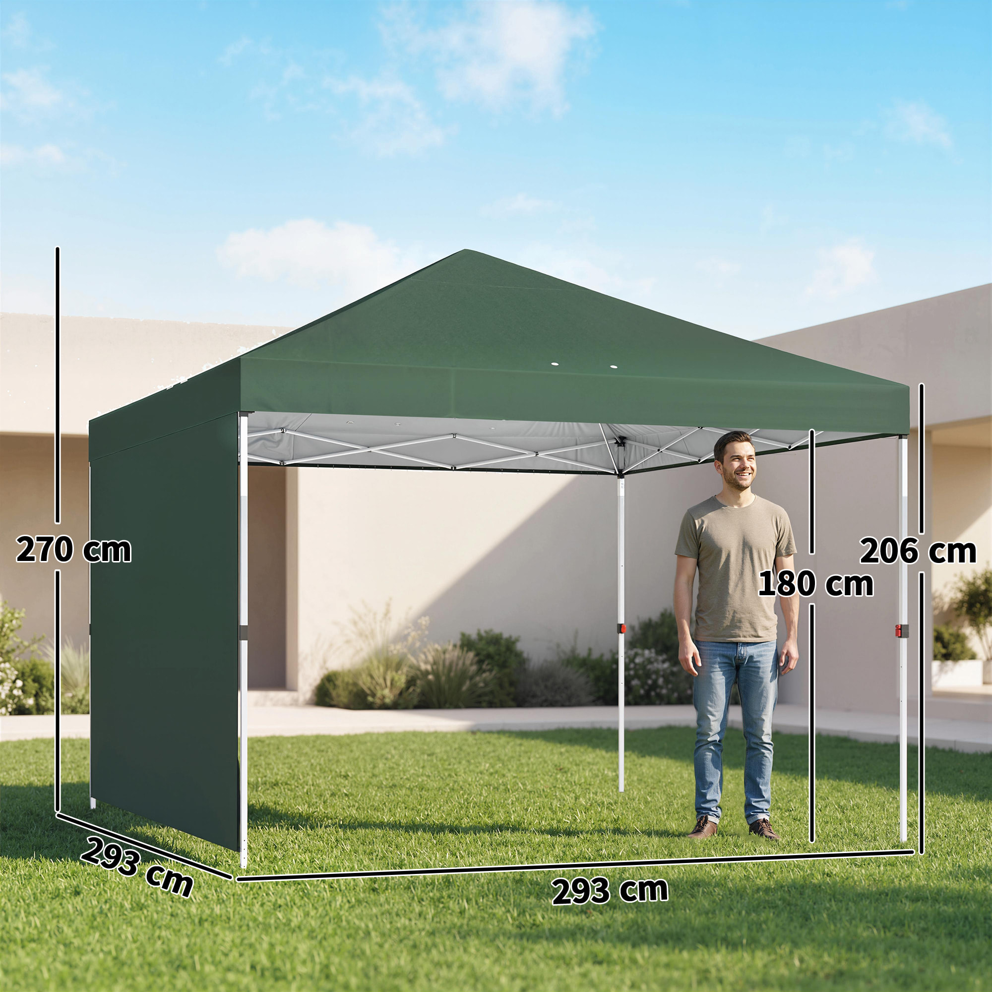 Carpa Plegable 3x3 m, Pop-up, con Pared Lateral, Cenador de Jardín con Protección UPF50+, Empuje Central, Altura Ajustable, Bolsa de Transporte, Gazebo para Camping, Exterior, Verde