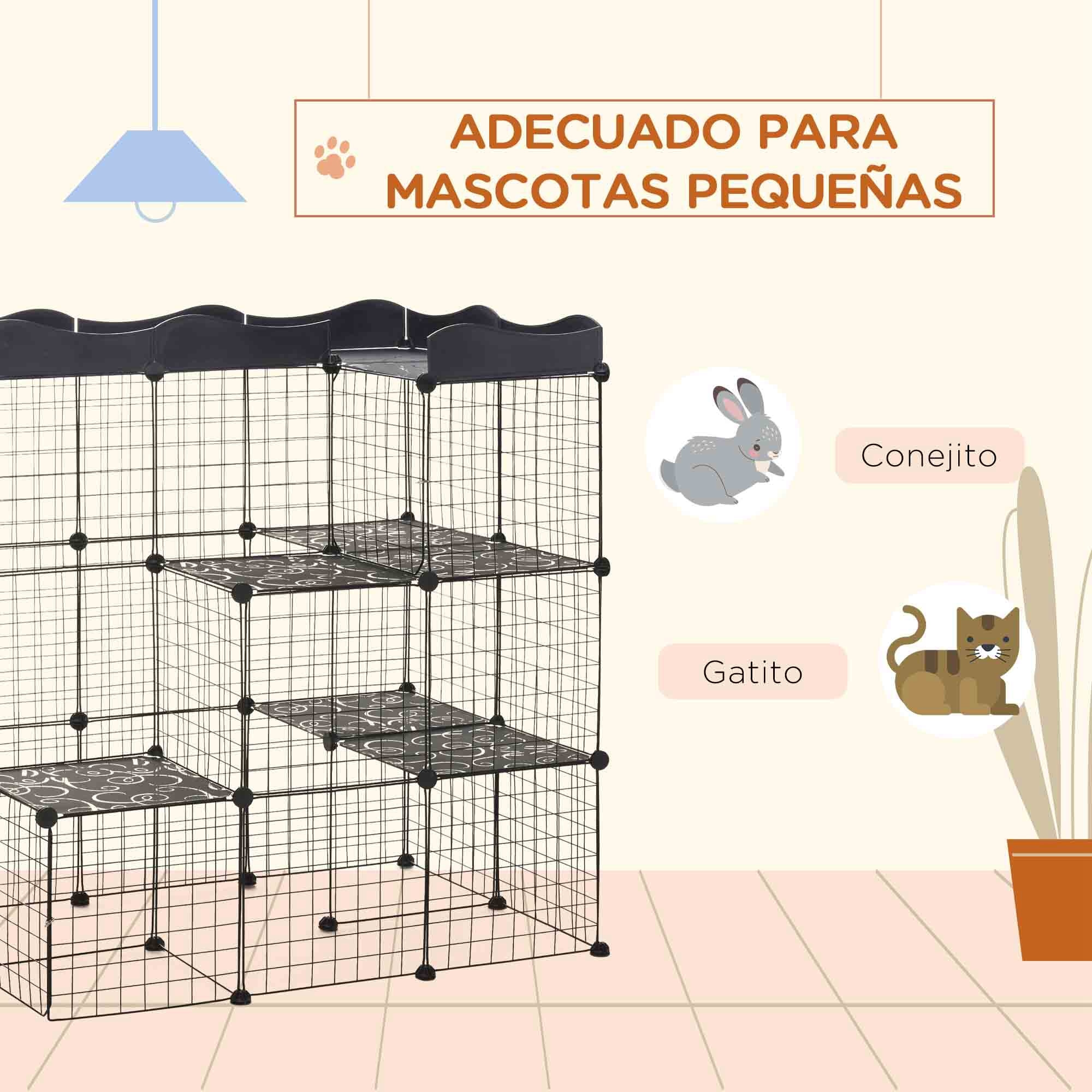 Jaula para Animales Pequeños de 40 Paneles Parque para Mascotas Forma Personalizable Valla Metálica para Cobayas Conejos Gatito 105x70x116 cm Negro