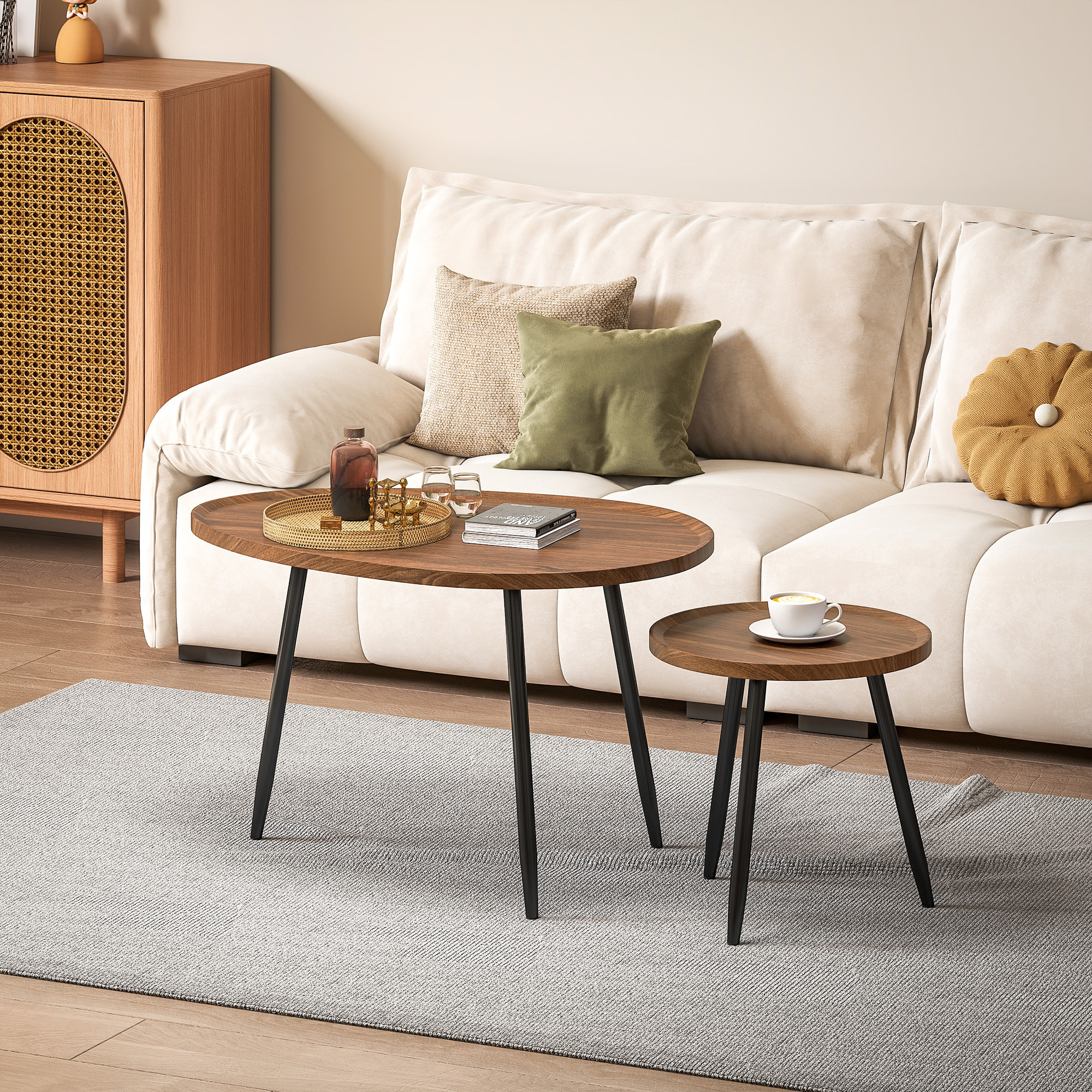 Juego de 2 Mesas Auxiliares Apilables Mesas Nido Mesitas de Café Estilo Moderno con Marco de Metal para Salón Dormitorio Oficina 80x55x49 cm y Ø40x39 cm Efecto Madera y Negro