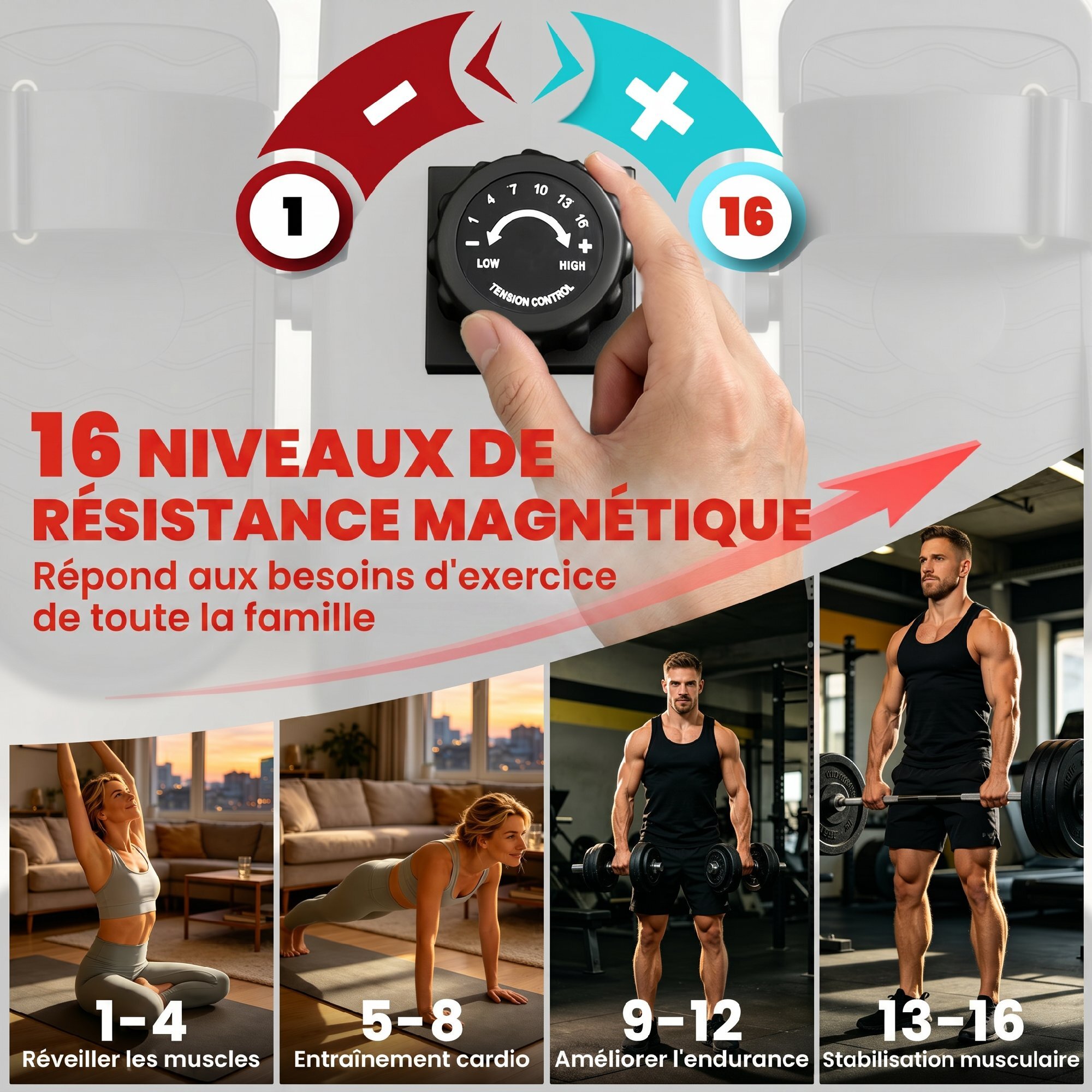 Rameur magnétique bluetooth connecté Kinomap & Zwift écran LCD noir rouge
