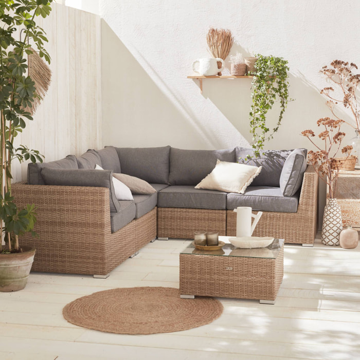 Salon de jardin Premium en résine tressée arrondie – VITTORIA – Résine naturelle style osier. coussins gris foncé – 5 places. haut de gamme