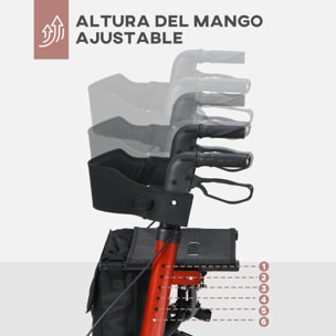 Andador para Ancianos Plegable de Aluminio Andador para Personas Mayores con Asiento y 4 Ruedas Andador con Altura Ajustable Frenos de Maneta y Bolsa de Transporte Rojo y Negro