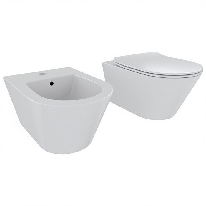 Coppia Sanitari Sospesi Vaso WC Rimless Con Tornado Flush E Bidet Sospeso Moderno Tondo In Ceramica Con Copriwater Chiusura Soft Close Bianco Opaco