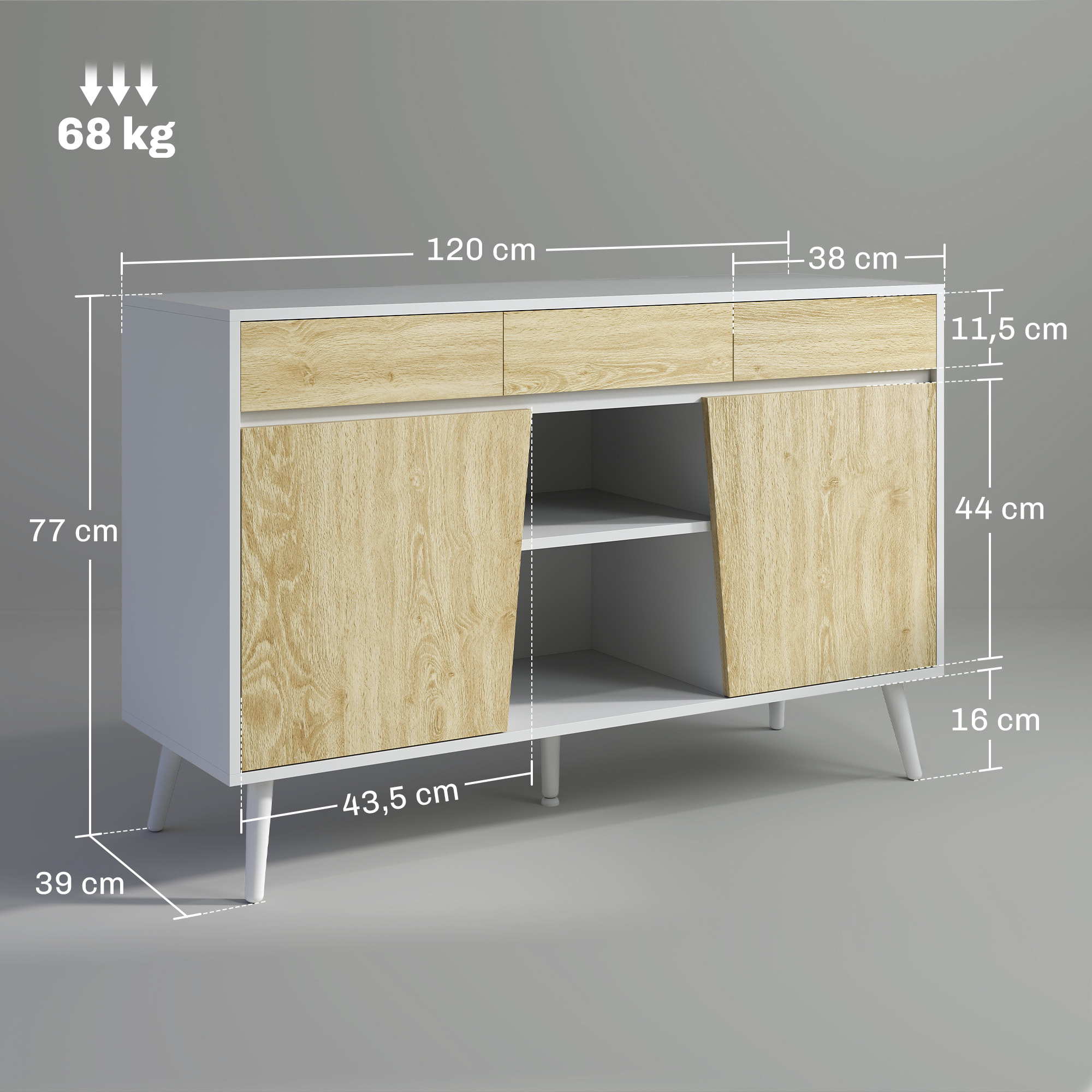 Aparador de 2 Puertas Aparador de Salón con 3 Cajones Estantes Mueble para TV para Dormitorio Sala de Estar 120x39x77 cm Blanco y Natural