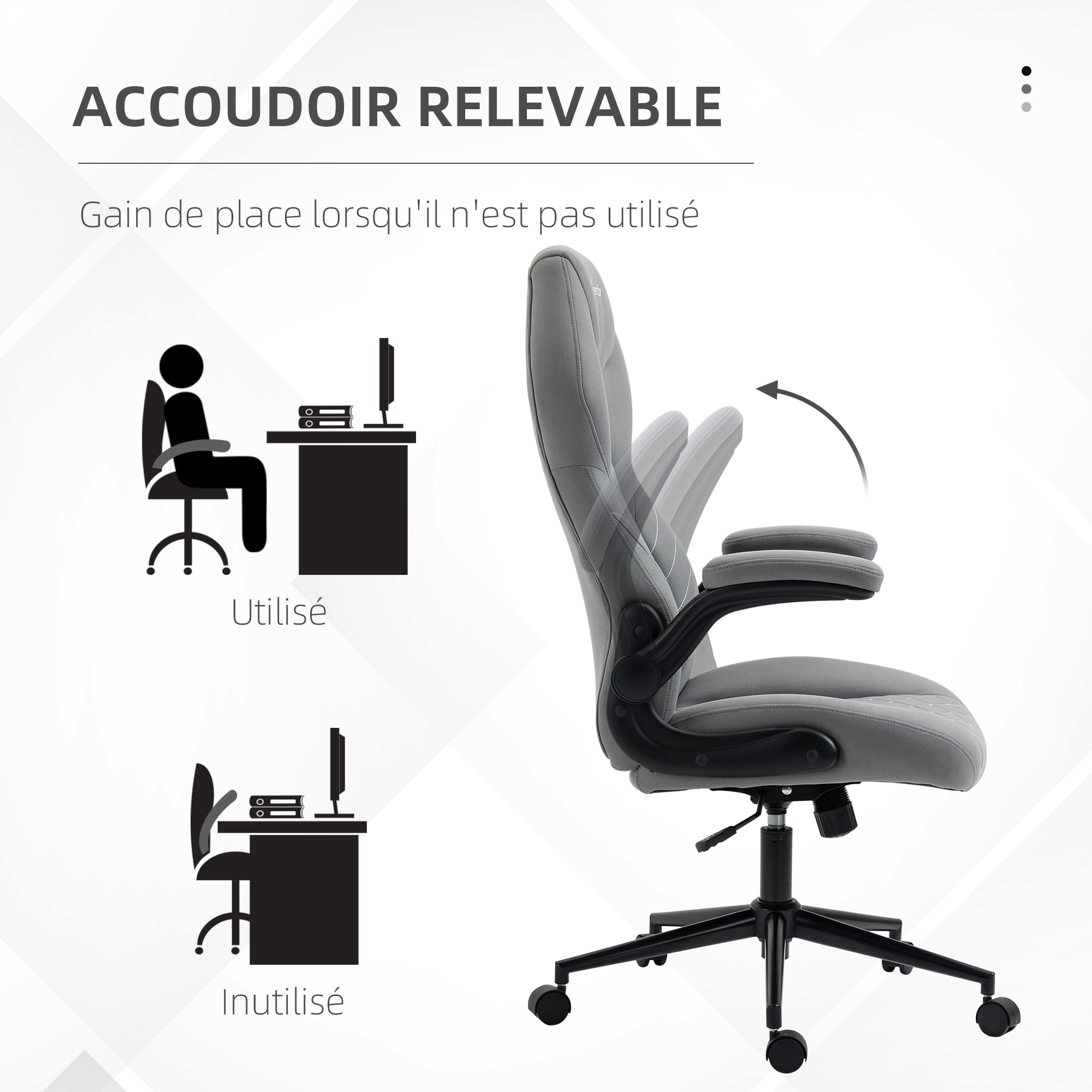 Fauteuil de bureau chaise de bureau ergonomique hauteur réglable pivotant 360° accoudoirs relevables tissu gris clair