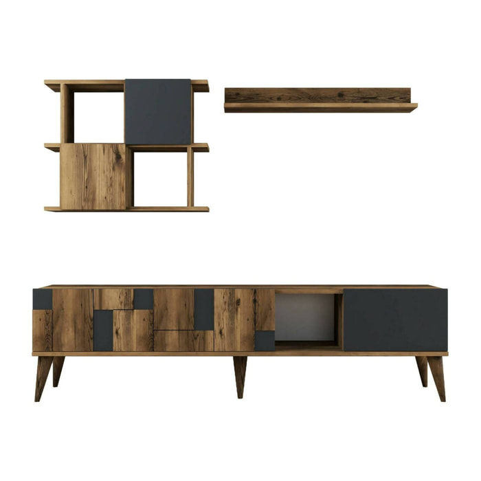 Mobile porta TV Dora, Credenza da soggiorno, Armadio basso per TV, Base parete attrezzata, 180x34h49 cm, Noce e Antracite