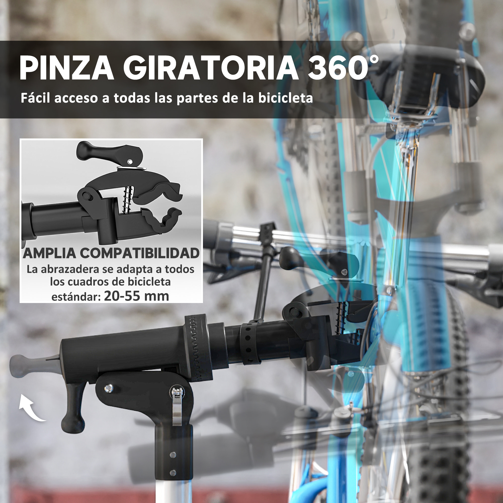 Soporte Tallar Bicicleta Caballete para Bicicleta Plegable con Bandeja Magnética Altura Ajustable 107-160 cm y Giratoria 360° Carga 40 kg Negro