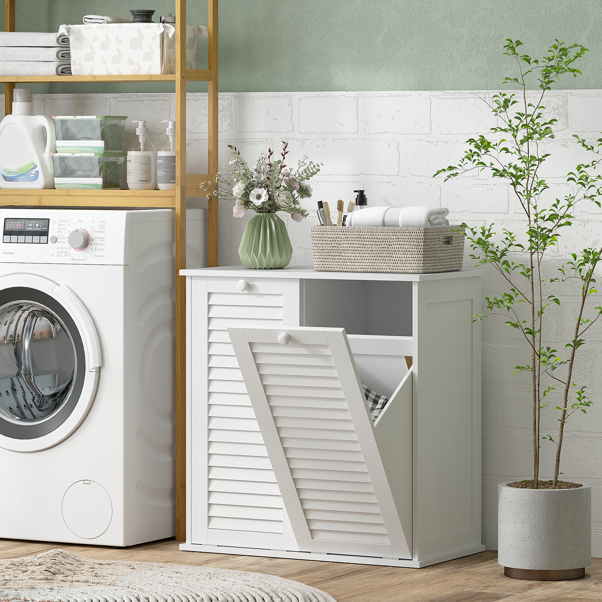 Meuble salle de bain avec paniers à linge basculants - 2 portes persiennes - blanc