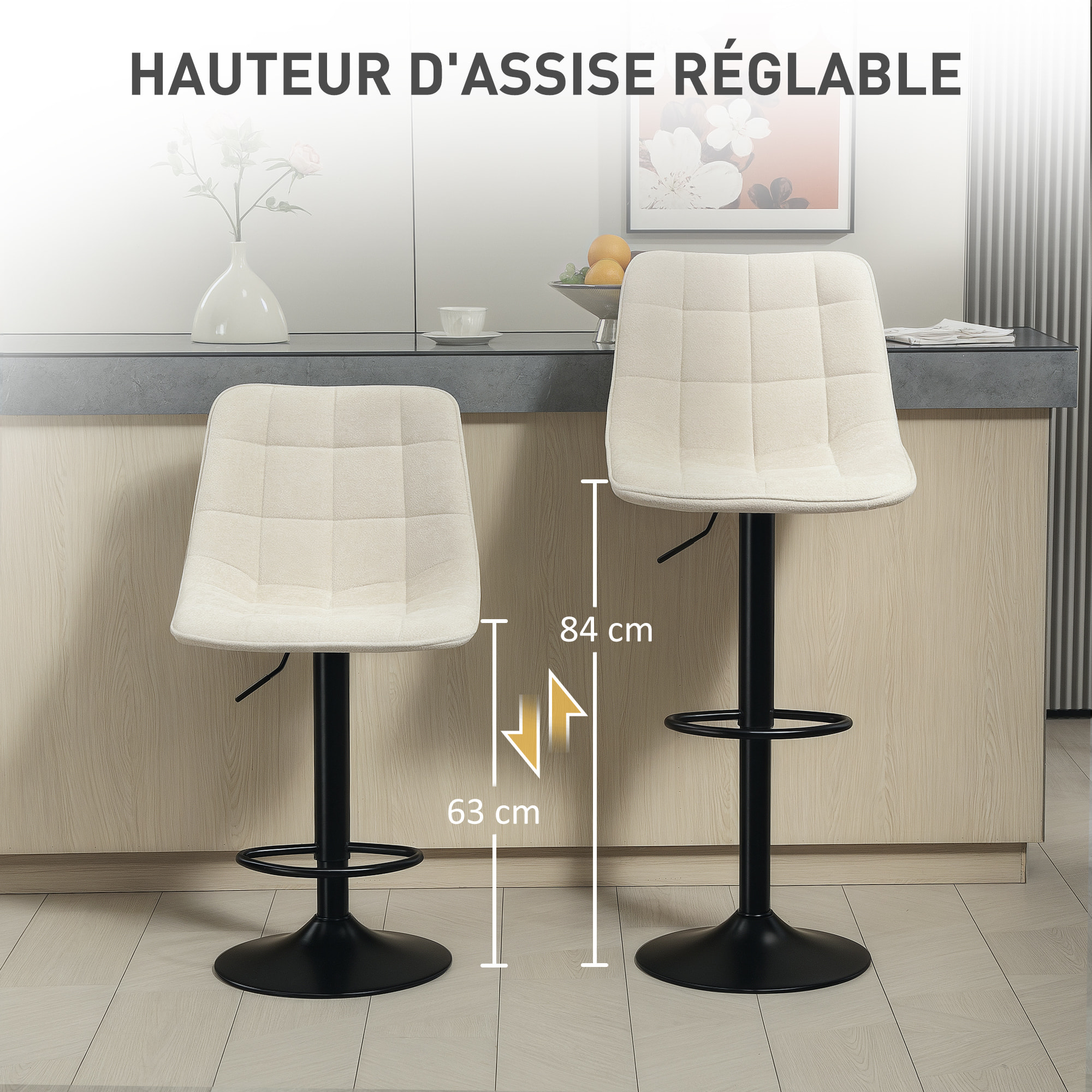 Lot de 2 tabourets de bar design pivotant réglable tissu matelassé finition chenille beige